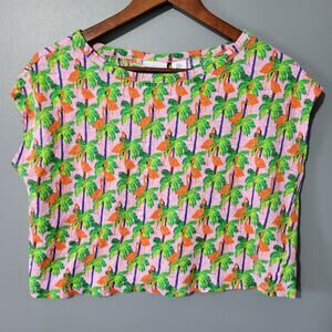 BOUFFANTS Linen Top Size Medium Tropical Palm Tree Flamingo Cropped Resort Vaca